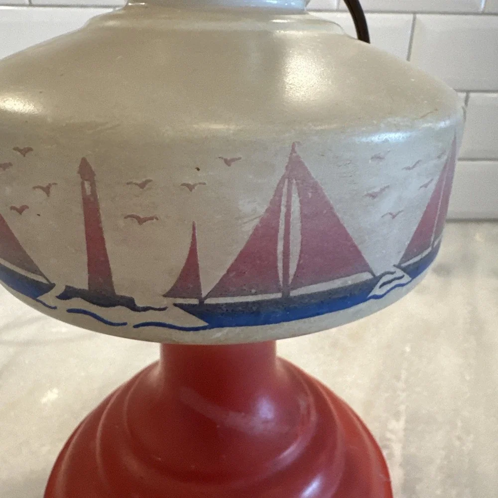 Vintage P&A Mfg‎ Co Waterbury Coral Red Oil Kerosene Lamp Sailboats Nautical